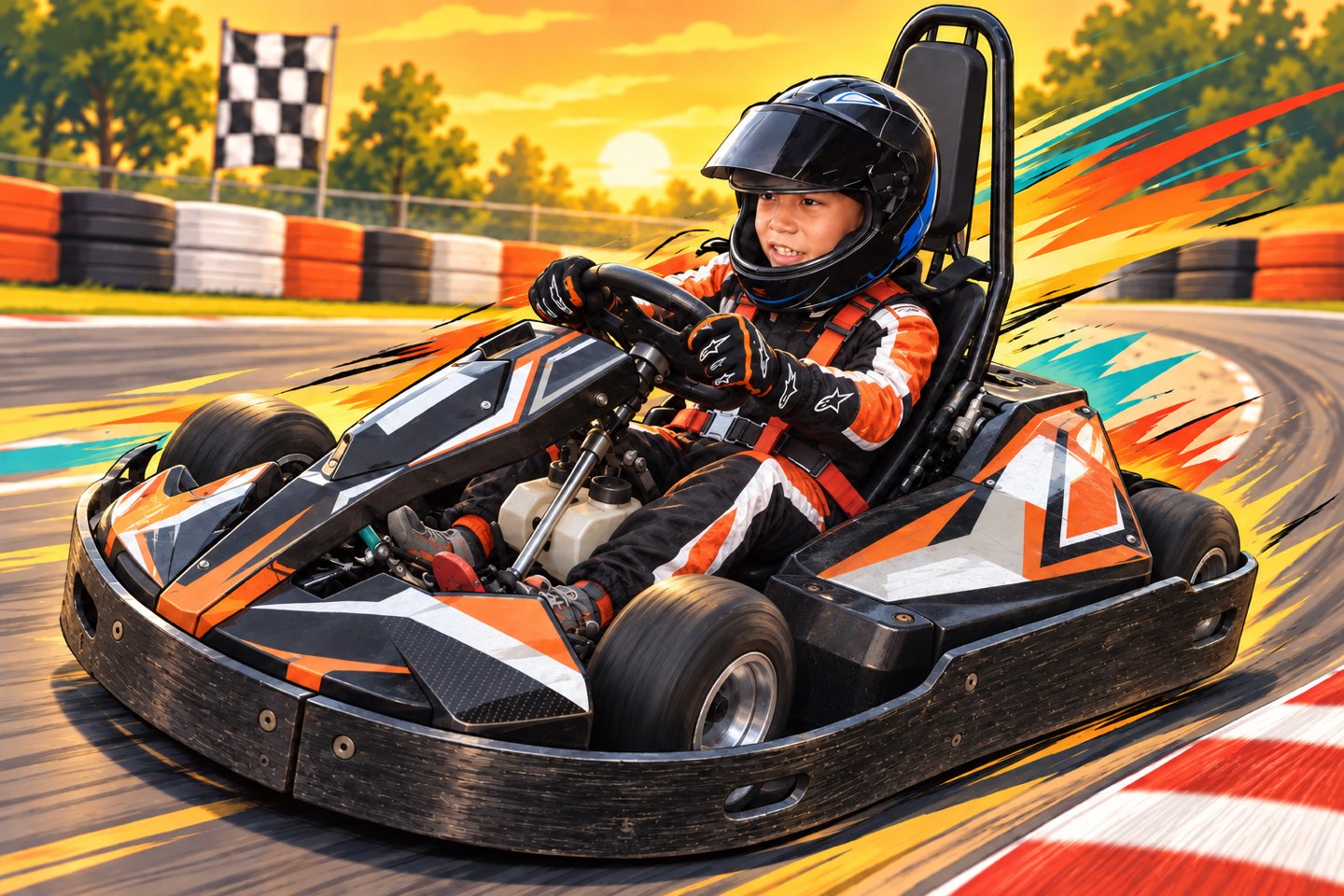 Nadim in a go-kart against a colourful illustrated racing background